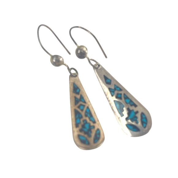 Vintage Sterling Silver & Turquoise Inlay Drop Earrings With Hook Backs - Picture 7 of 7